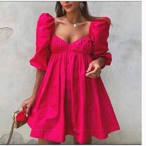 Zara Vibrant Pink Taffeta Puff Sleeve Babydoll Dress